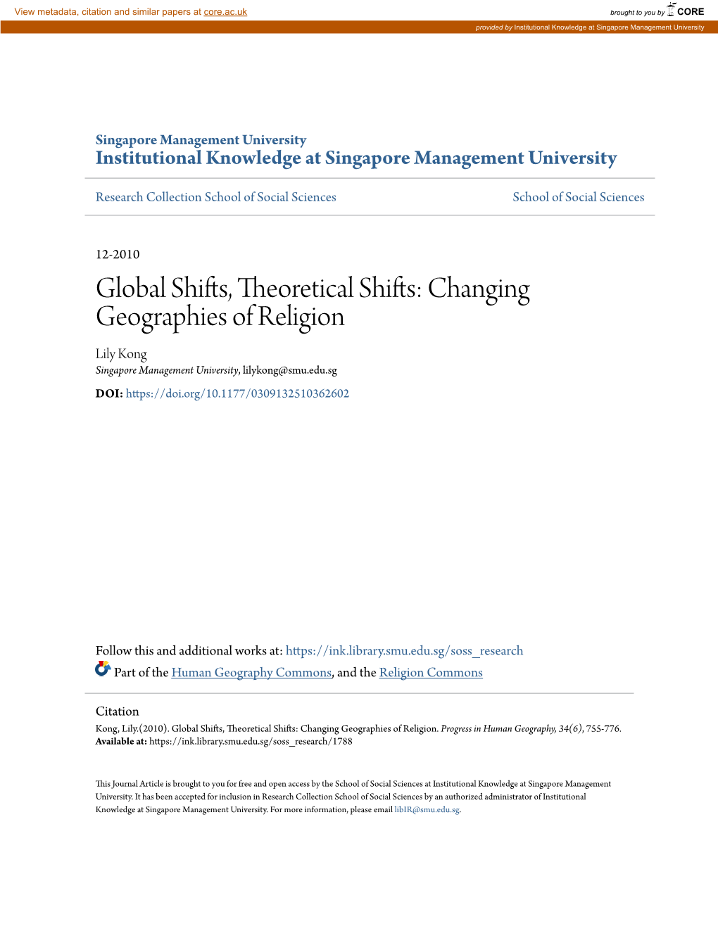 Global Shifts, Theoretical Shifts: Changing Geographies of Religion