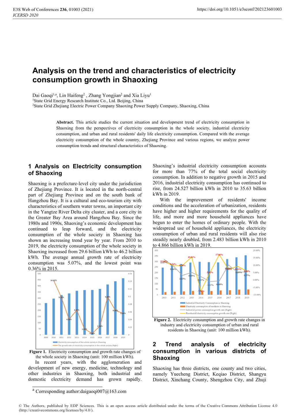 Analysis on the Trend and Characteristics of Electricity Consumption Growth in Shaoxing