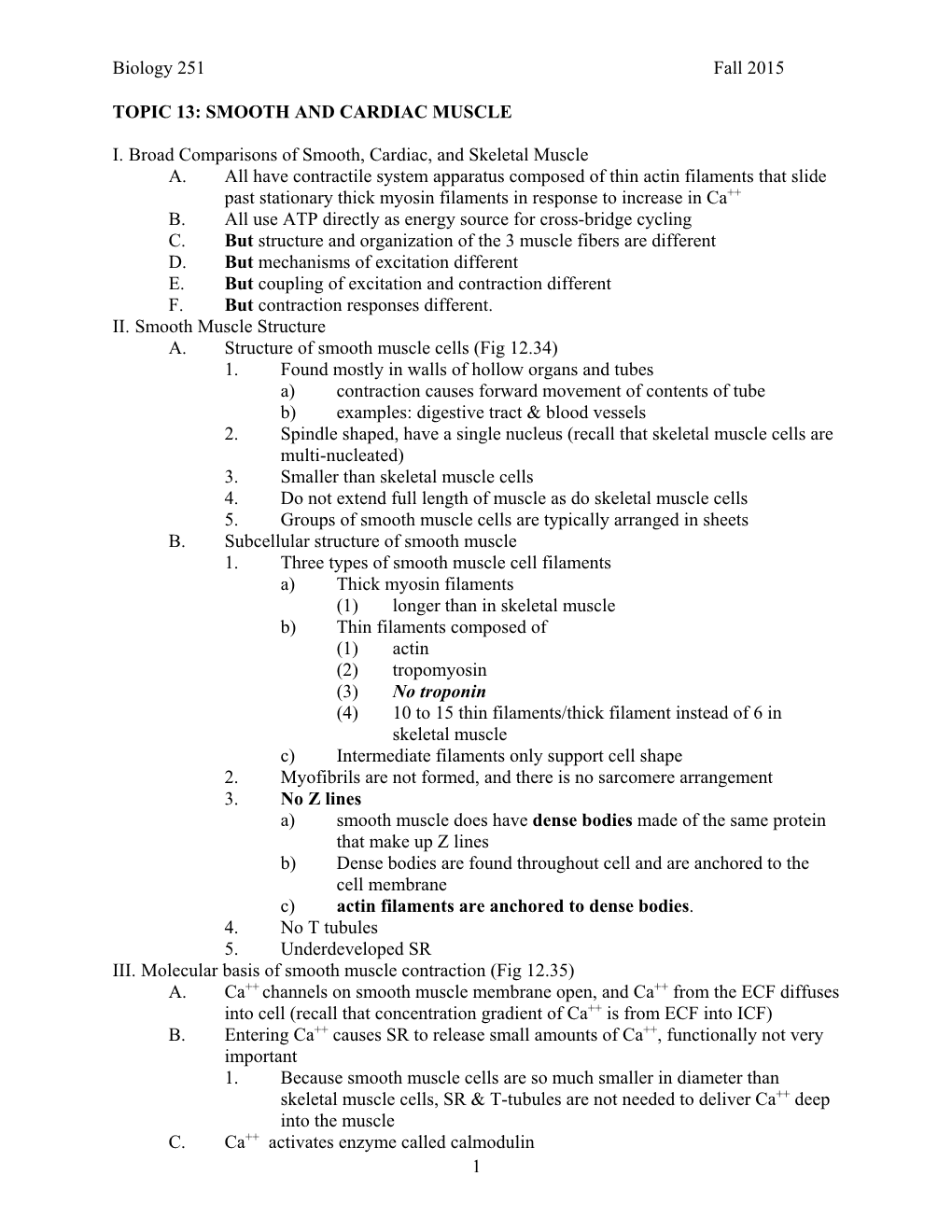 Biology 251 Fall 2015 1 TOPIC 13: SMOOTH and CARDIAC MUSCLE