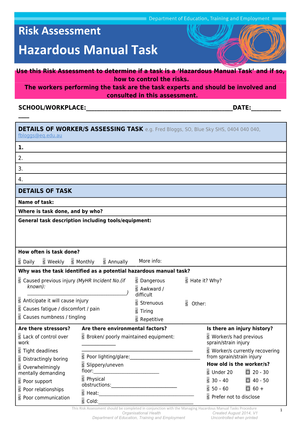 Use This Risk Assessment to Determine If a Task Is a Hazardous Manual Task and If So