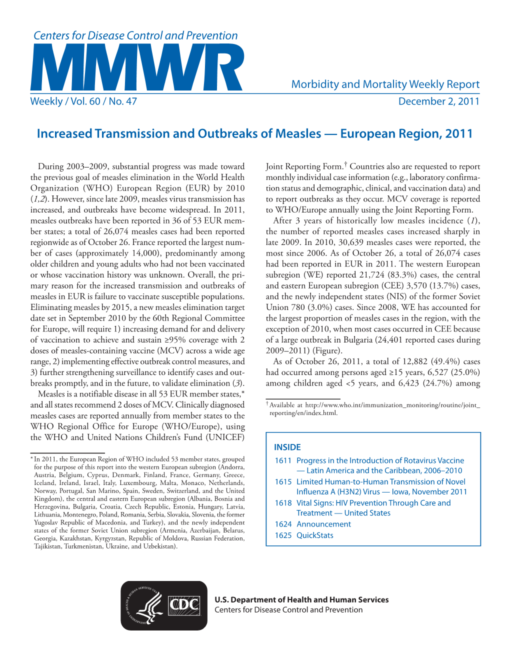 Increased Transmission and Outbreaks of Measles — European Region, 2011