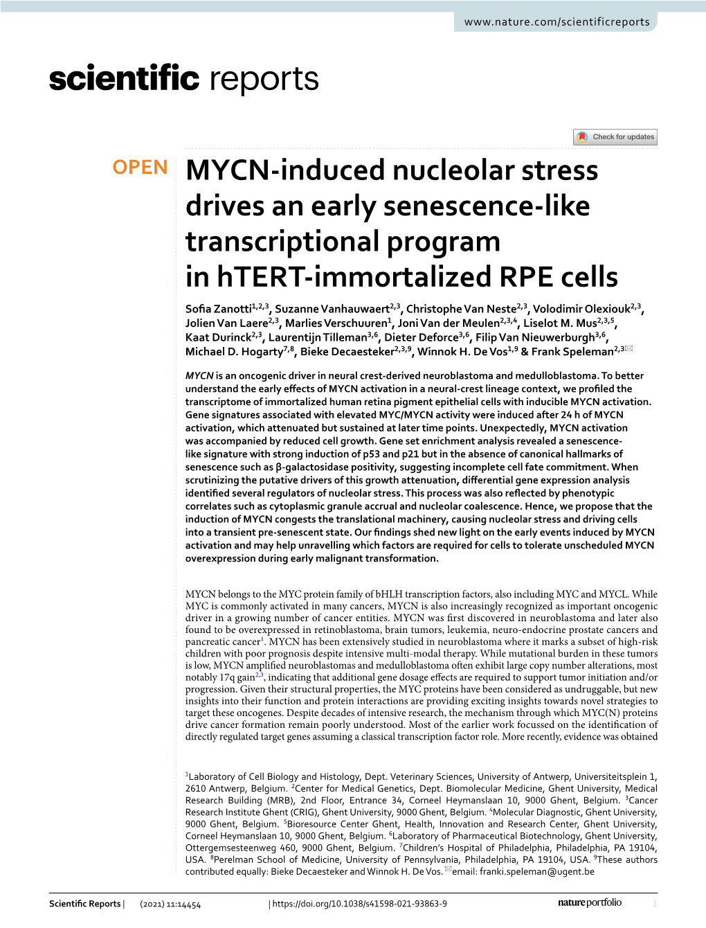 MYCN-Induced Nucleolar Stress Drives an Early Senescence-Like