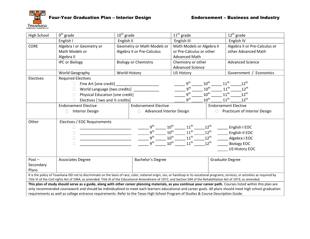 Four-Year Graduation Plan – Interior Design Endorsement – Business and Industry