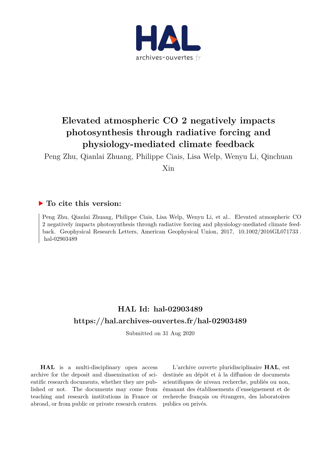 Elevated Atmospheric CO 2 Negatively Impacts Photosynthesis Through