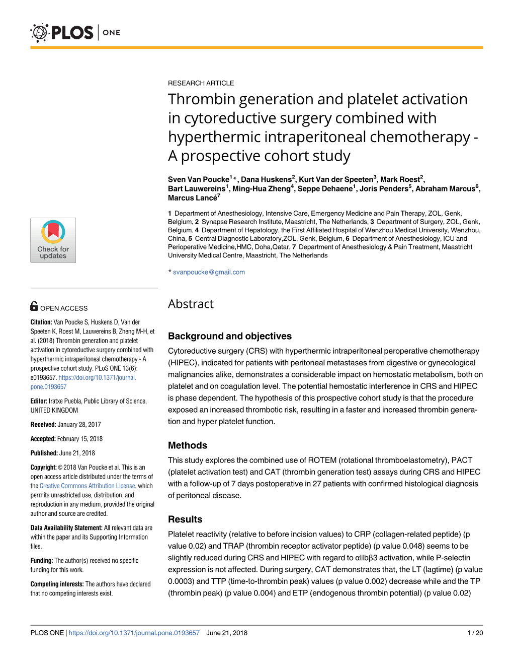 Thrombin Generation and Platelet Activation in Cytoreductive Surgery Combined with Hyperthermic Intraperitoneal Chemotherapy - a Prospective Cohort Study