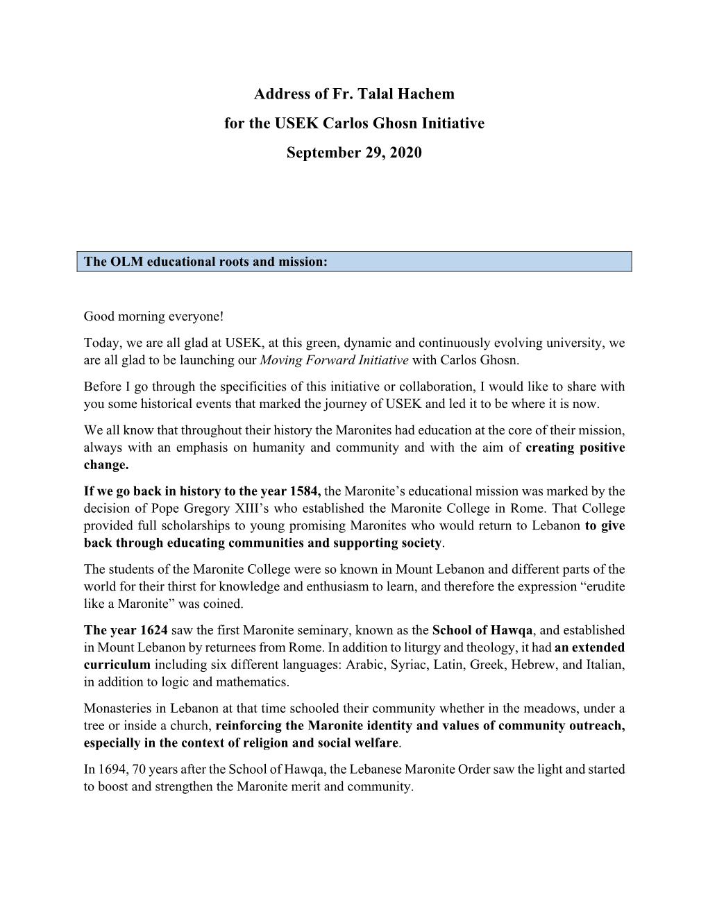 Address of Fr. Talal Hachem for the USEK Carlos Ghosn Initiative September 29, 2020