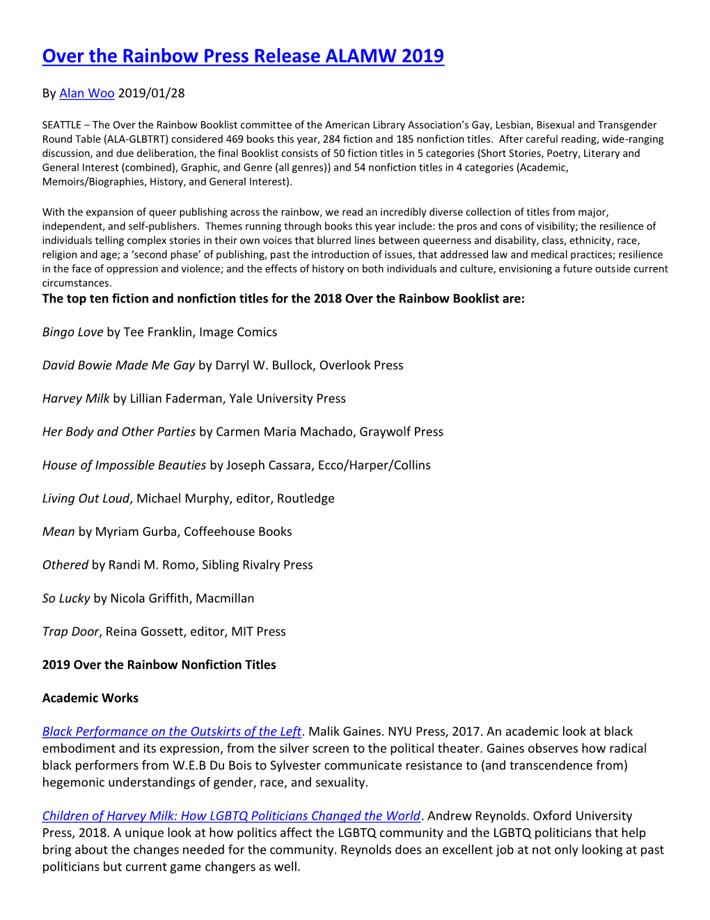 Over the Rainbow Press Release ALAMW 2019