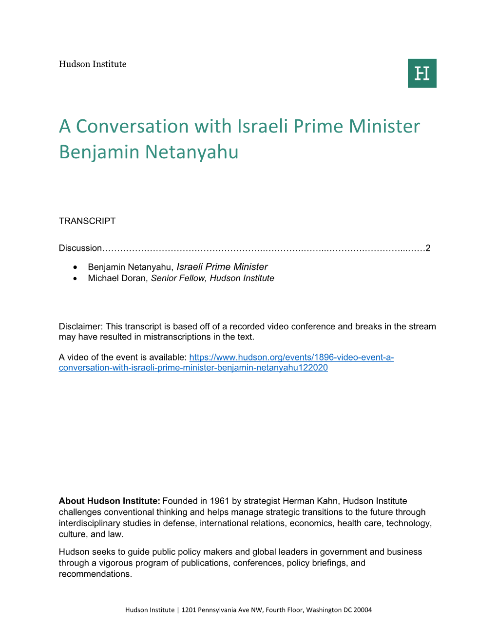 A Conversation with Israeli Prime Minister Benjamin Netanyahu
