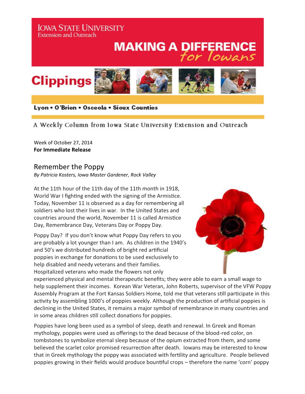 Remember the Poppy by Patricia Kosters, Iowa Master Gardener, Rock Valley