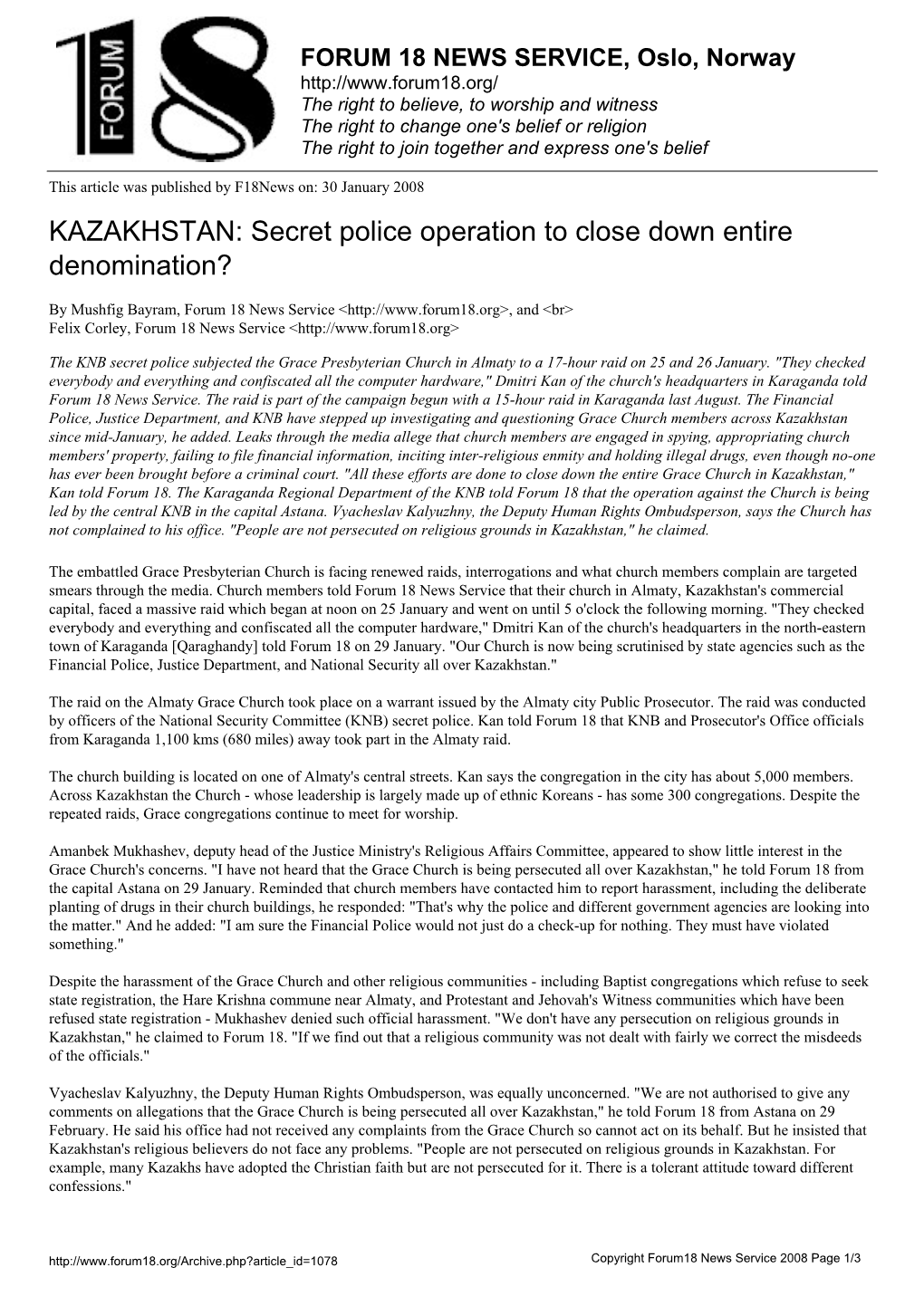 KAZAKHSTAN: Secret Police Operation to Close Down Entire Denomination?