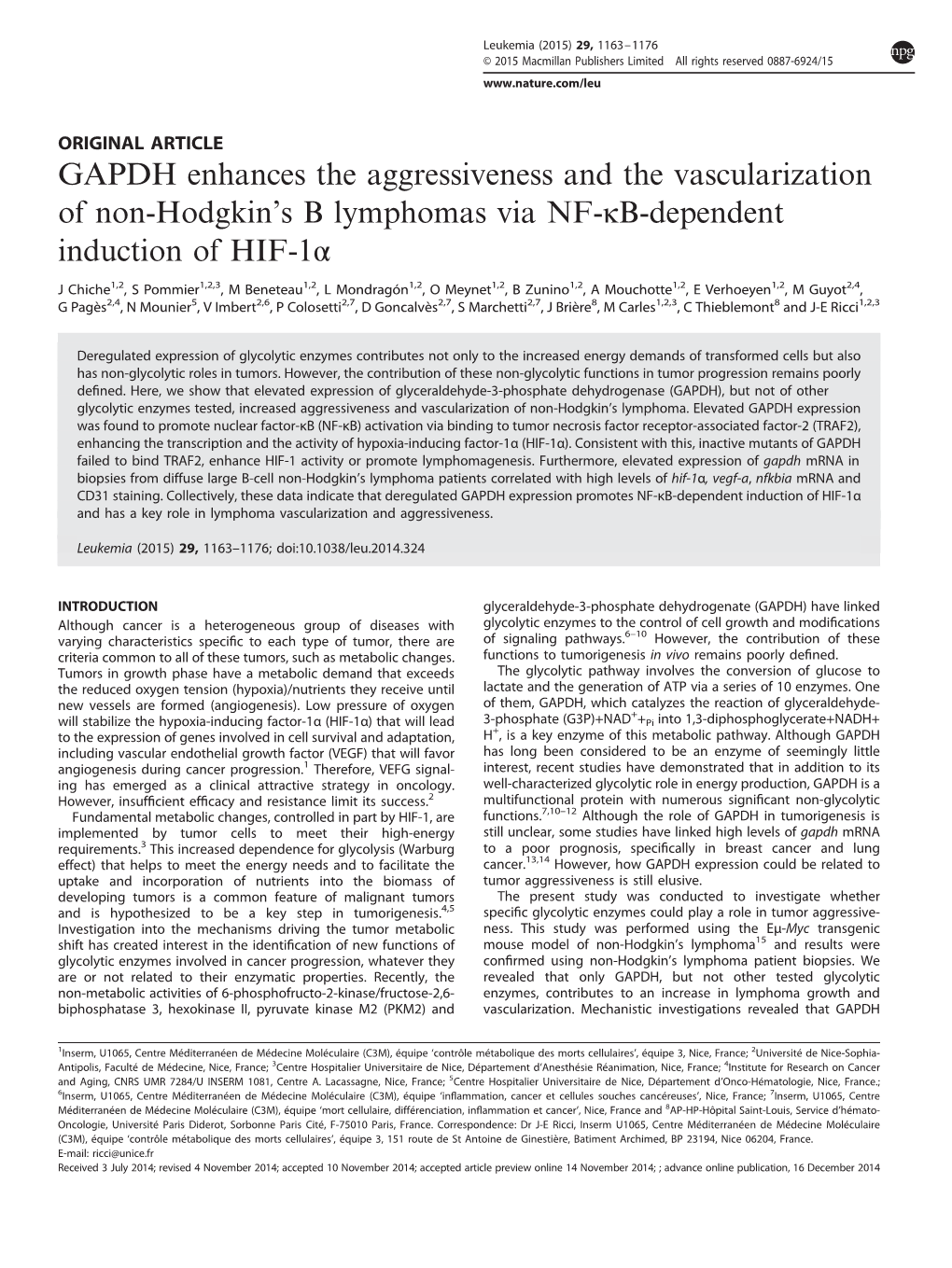 GAPDH Enhances the Aggressiveness and the Vascularization of Non-Hodgkin’S B Lymphomas Via NF-Κb-Dependent Induction of HIF-1Α