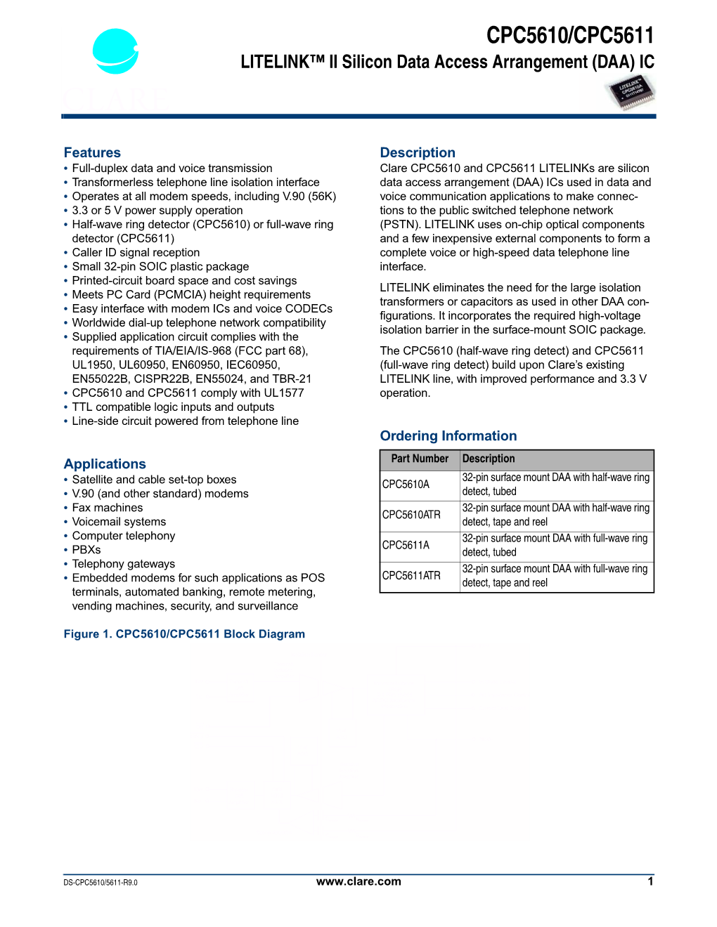 CPC5610/CPC5611 LITELINK™ II Silicon Data Access Arrangement (DAA) IC