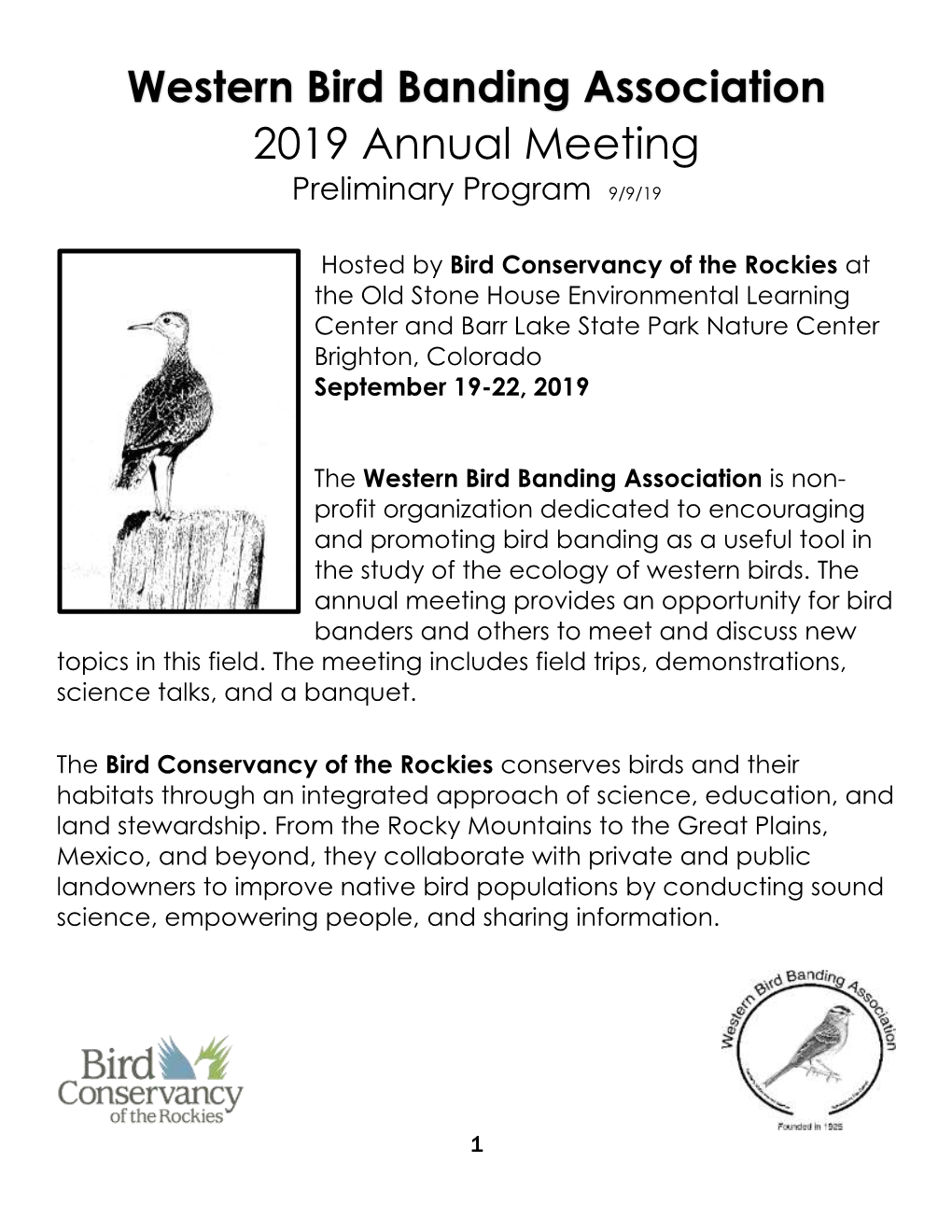 Western Bird Banding Association 2019 Annual Meeting Preliminary Program 9/9/19