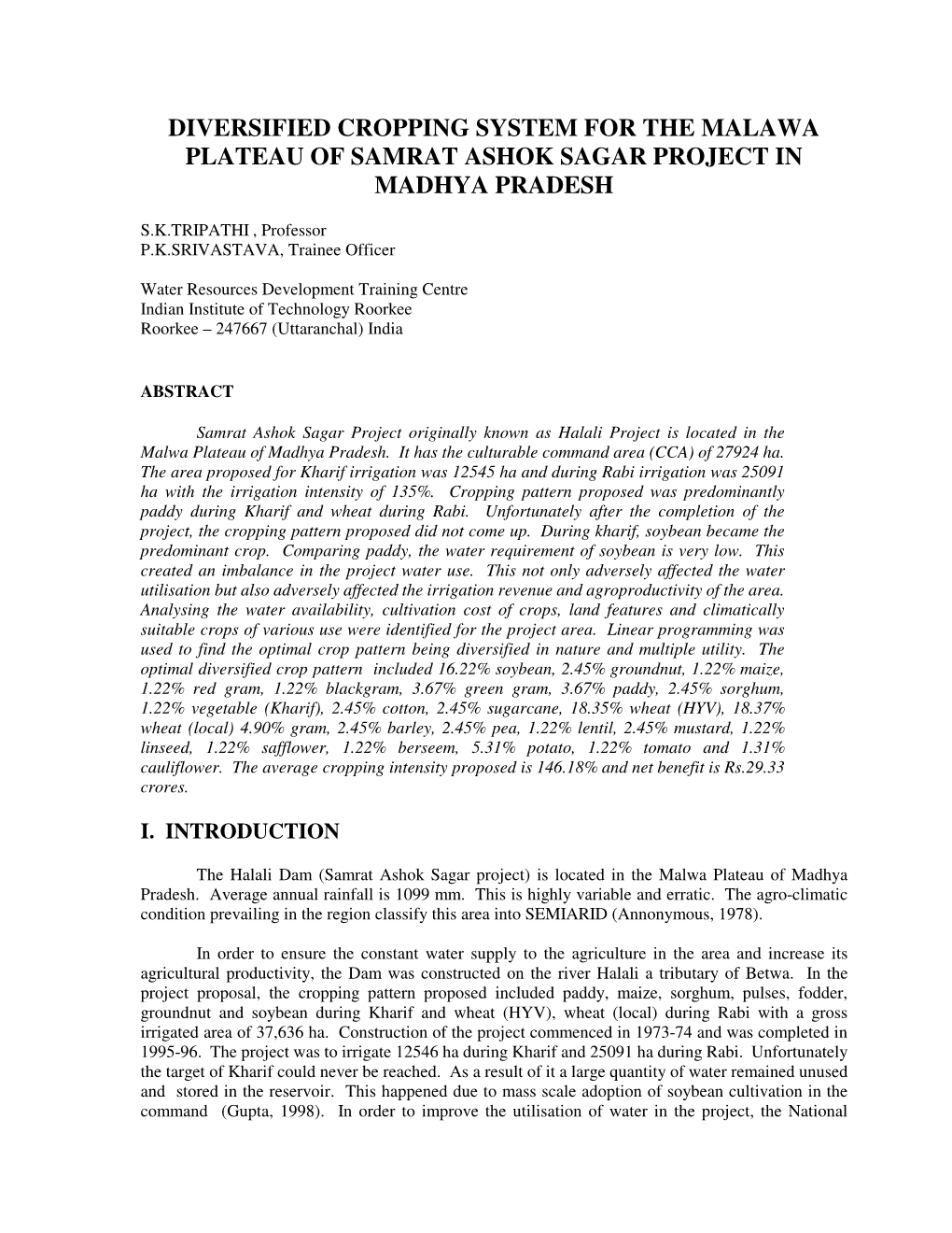 Diversified Cropping System for the Malawa Plateau of Samrat Ashok Sagar Project in Madhya Pradesh