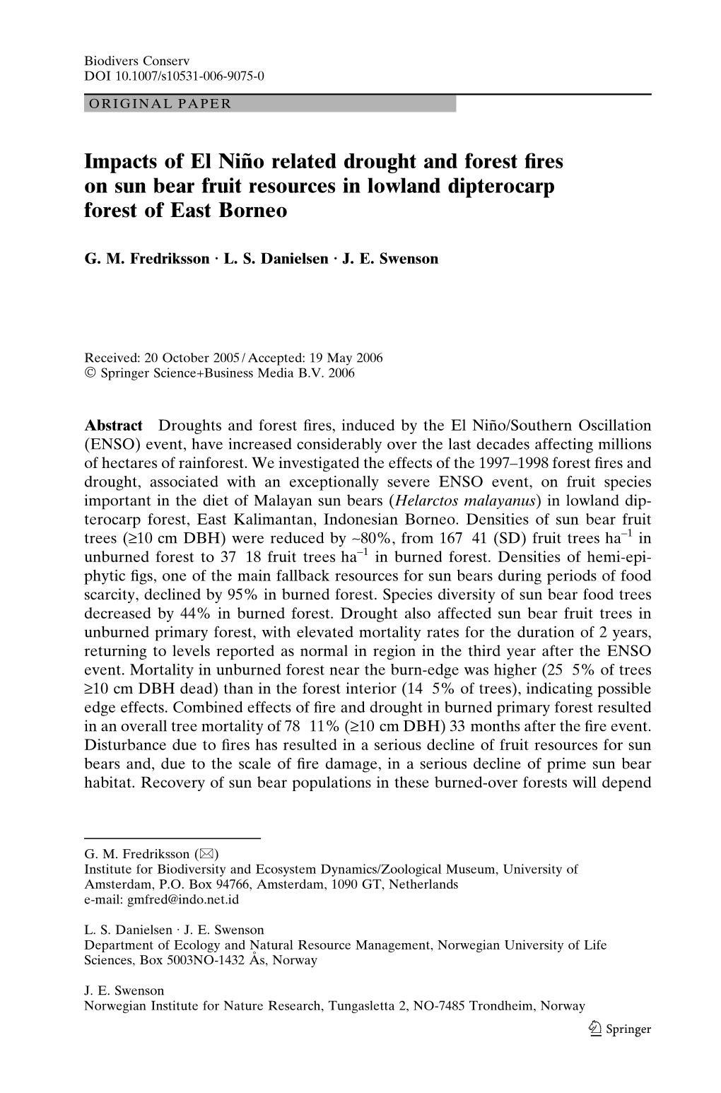 Impacts of El Nin˜O Related Drought and Forest Fires on Sun Bear Fruit