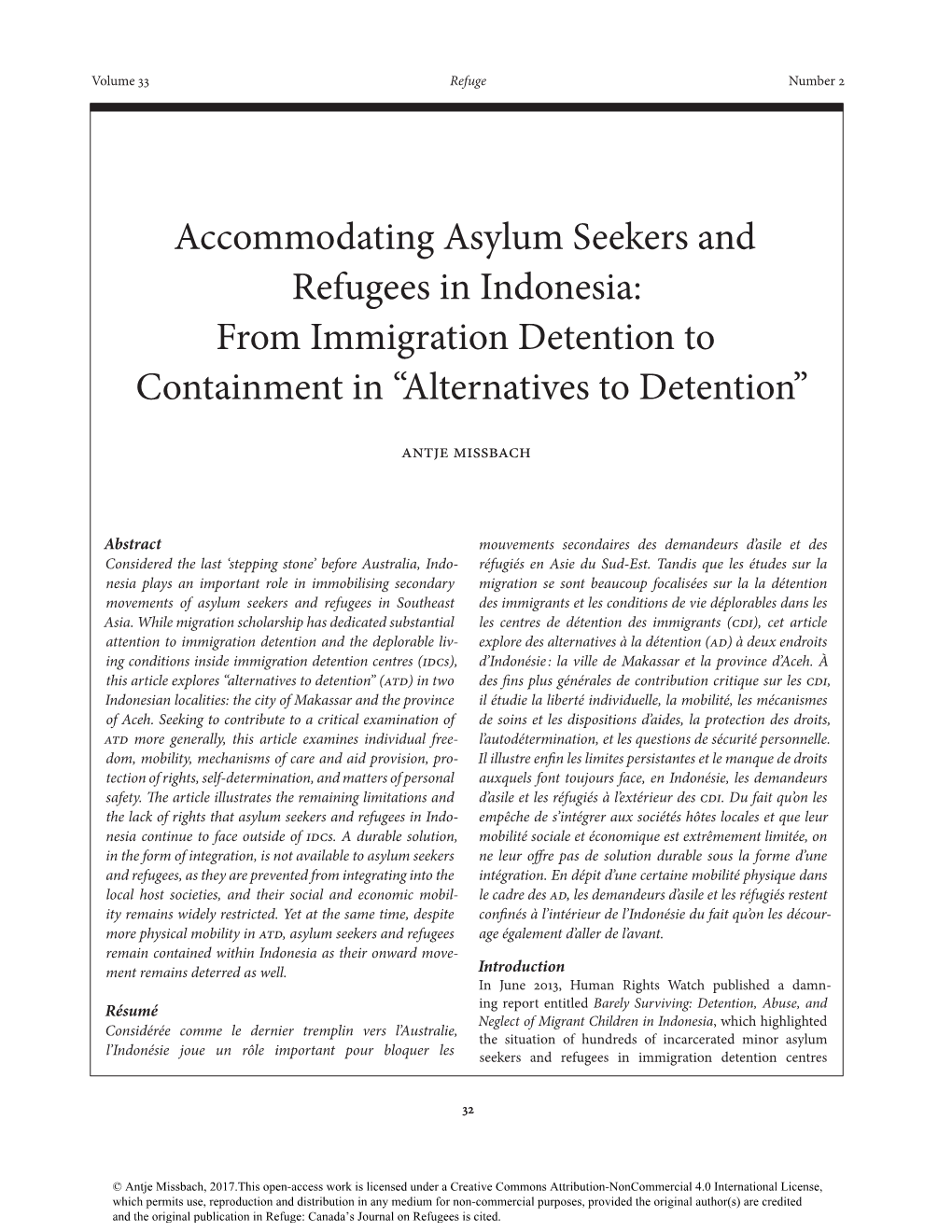 Accommodating Asylum Seekers and Refugees in Indonesia: from Immigration Detention to Containment in “Alternatives to Detention”