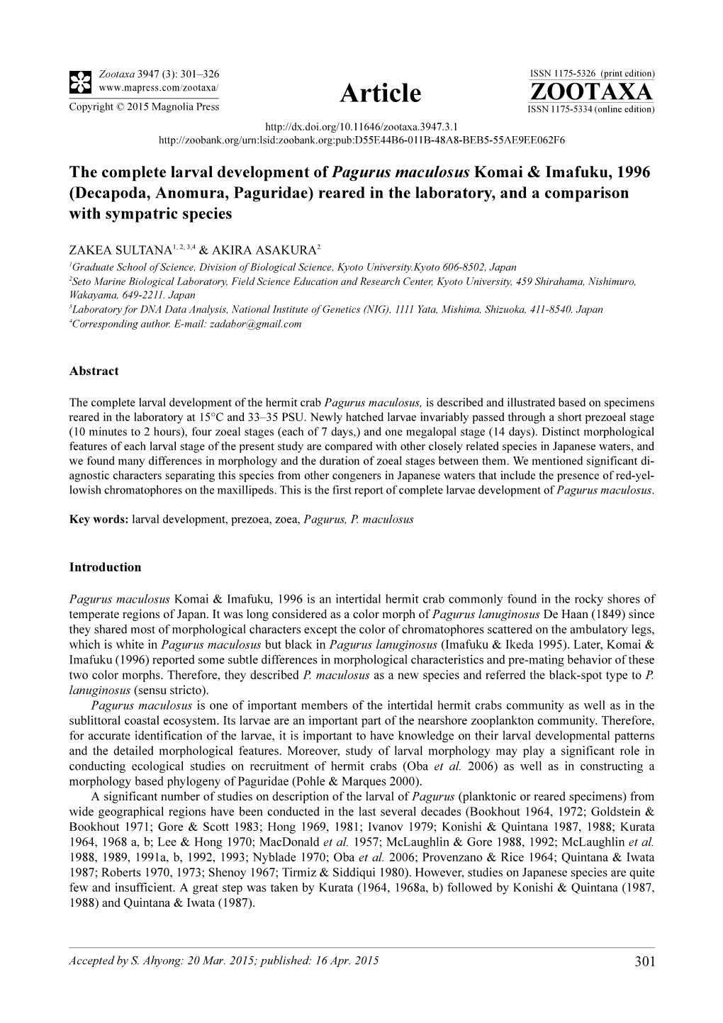 Decapoda, Anomura, Paguridae) Reared in the Laboratory, and a Comparison with Sympatric Species