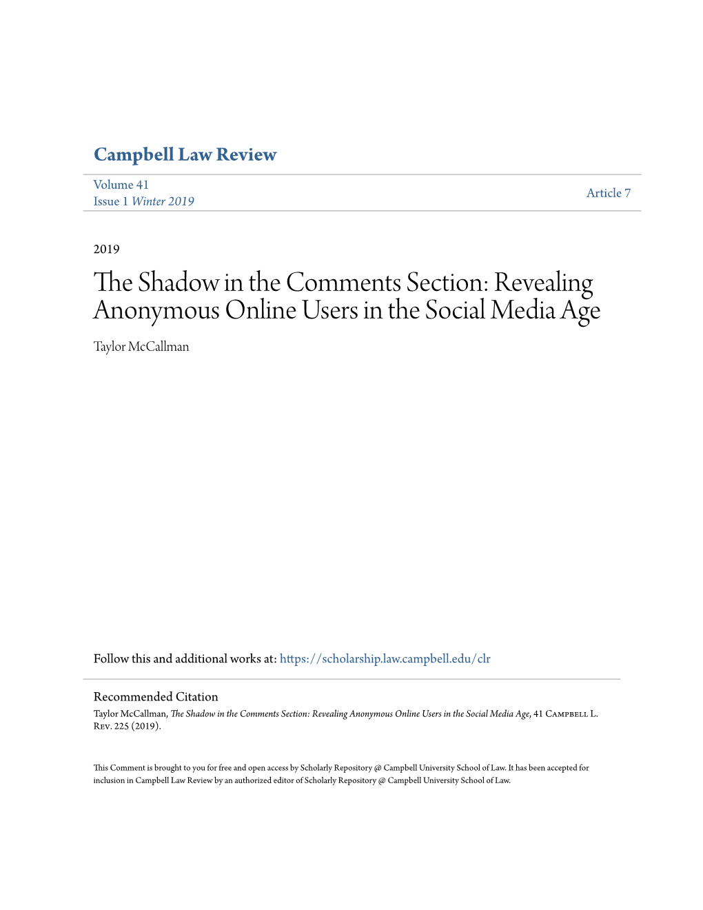 Revealing Anonymous Online Users in the Social Media Age Taylor Mccallman