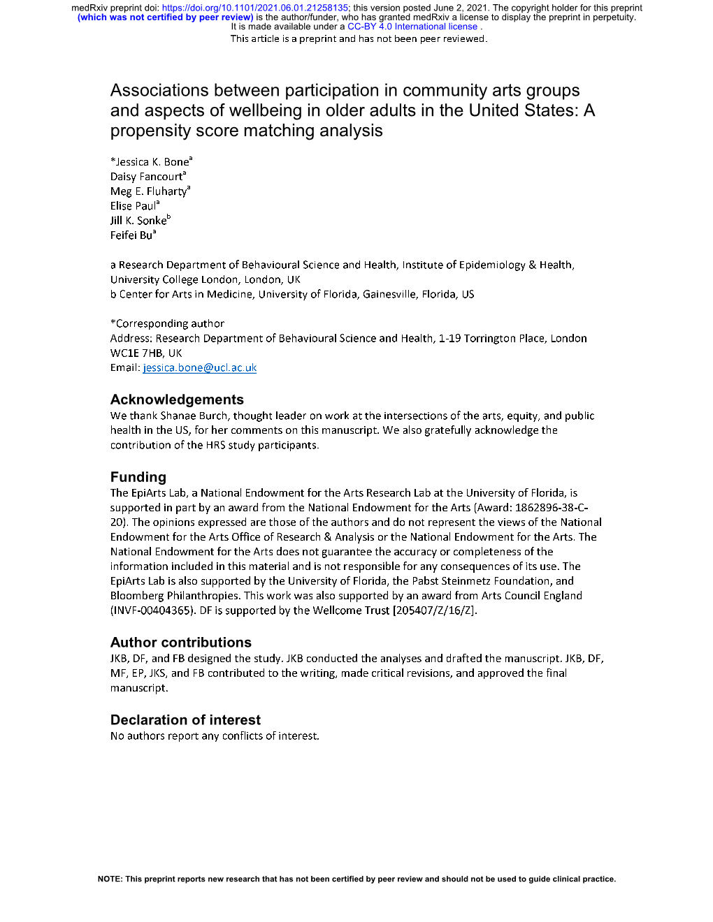 Associations Between Participation in Community Arts Groups and Aspects of Wellbeing in Older Adults in the United States: a Propensity Score Matching Analysis