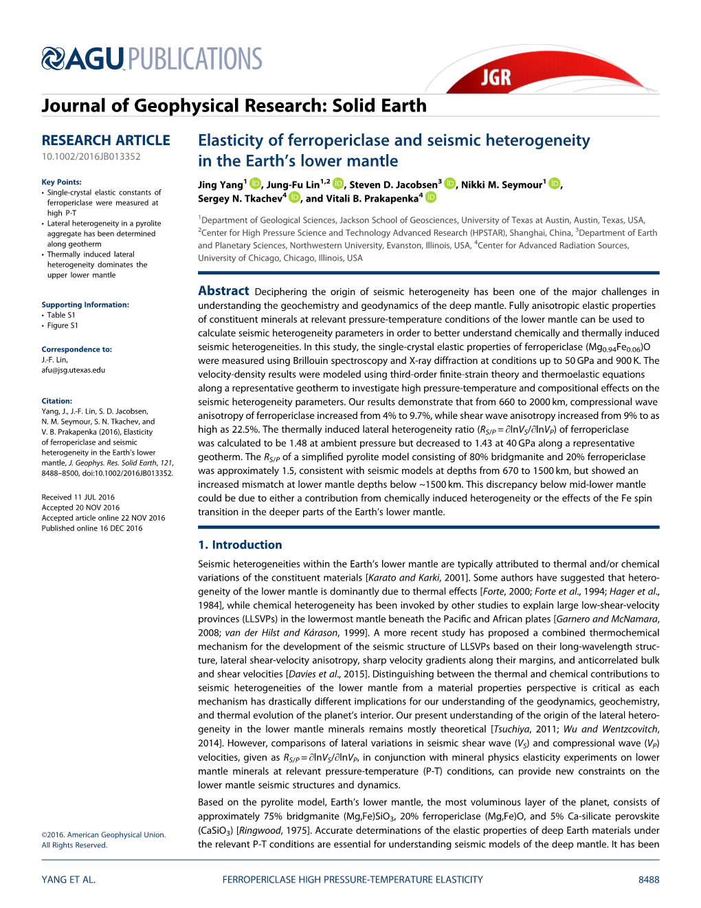 Elasticity of Ferropericlase and Seismic Heterogeneity in the Earth's Lower