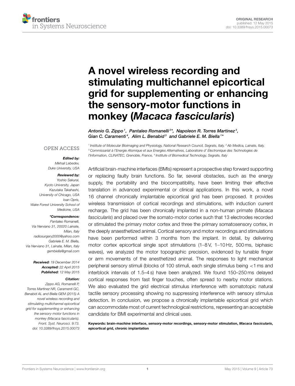 A Novel Wireless Recording and Stimulating Multichannel Epicortical Grid for Supplementing Or Enhancing the Sensory-Motor Functions in Monkey (Macaca Fascicularis)