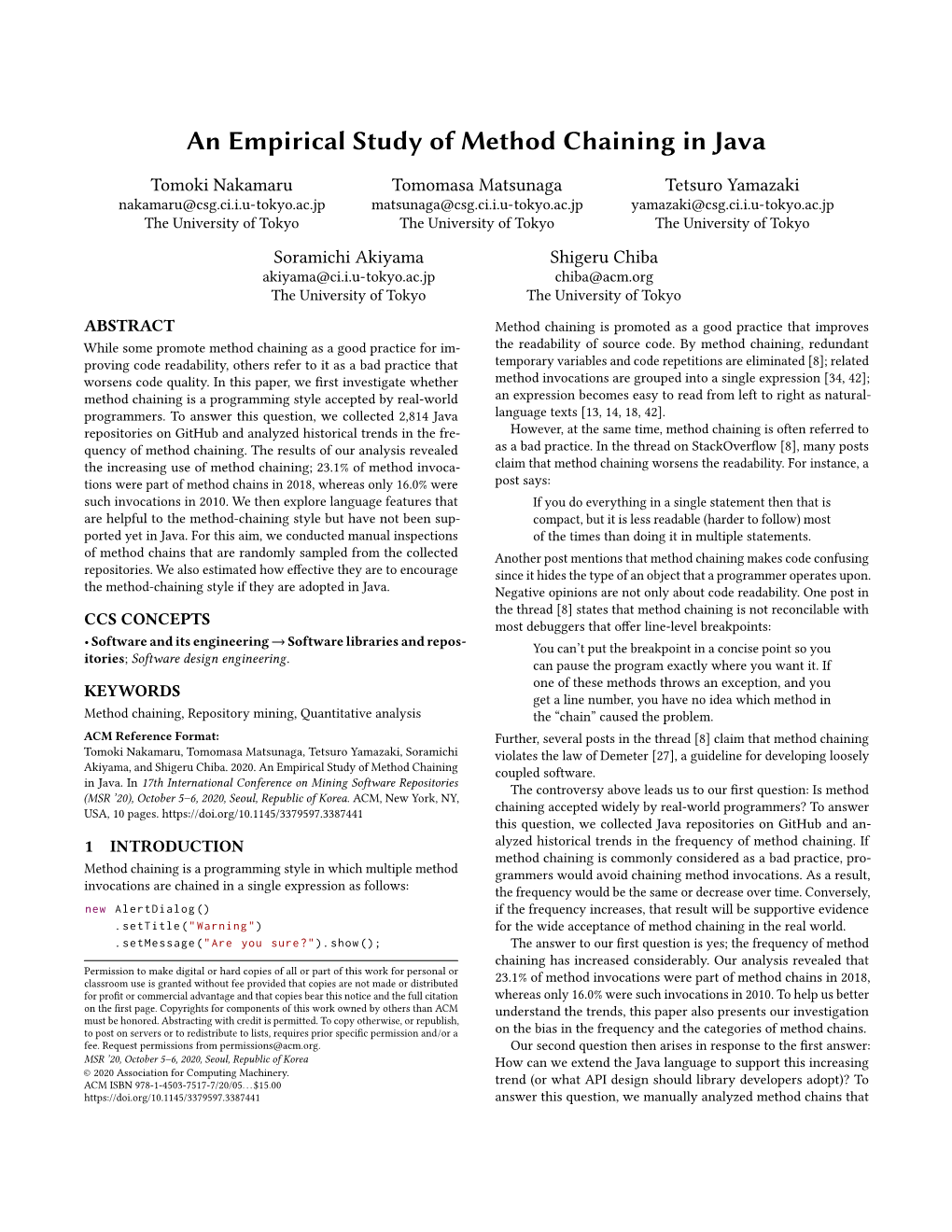 An Empirical Study of Method Chaining in Java