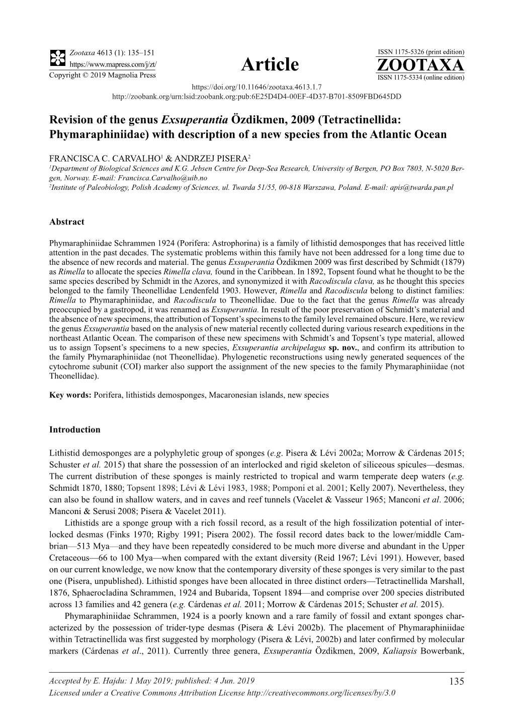 Revision of the Genus Exsuperantia Özdikmen, 2009 (Tetractinellida: Phymaraphiniidae) with Description of a New Species from the Atlantic Ocean