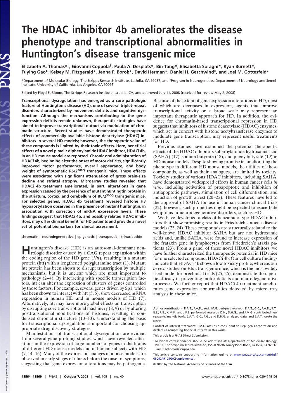 The HDAC Inhibitor 4B Ameliorates the Disease Phenotype and Transcriptional Abnormalities in Huntington's Disease Transgenic M