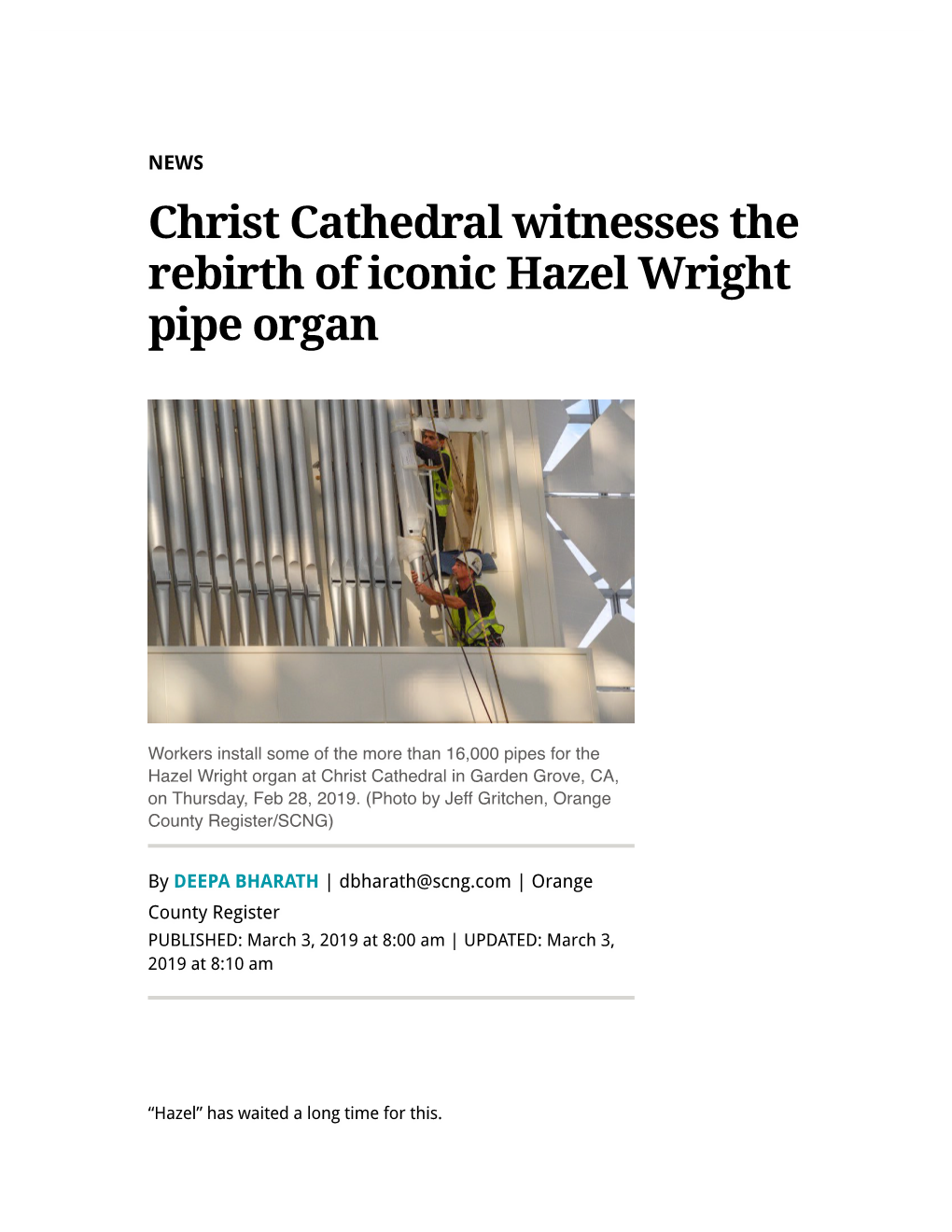 Christ Cathedral Witnesses the Rebirth of Iconic Hazel Wright Pipe Organ