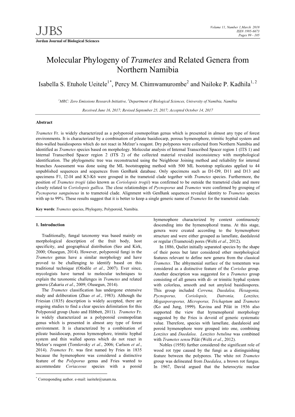 Molecular Phylogeny of Trametes and Related Genera from Northern Namibia