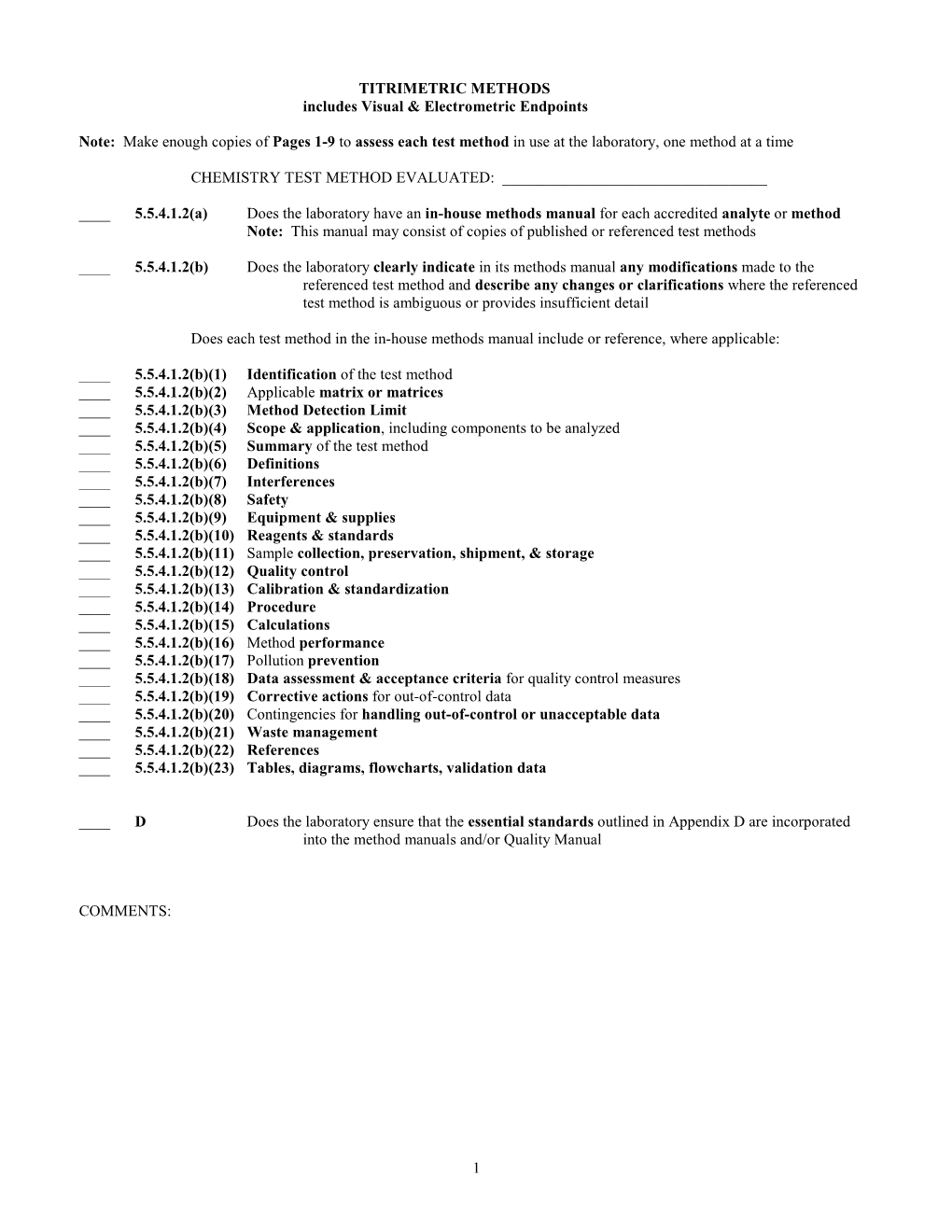 Make Enough Copies of Pages 1-9 to Assess Each Test Method in Use at the Laboratory, One Method at a Time