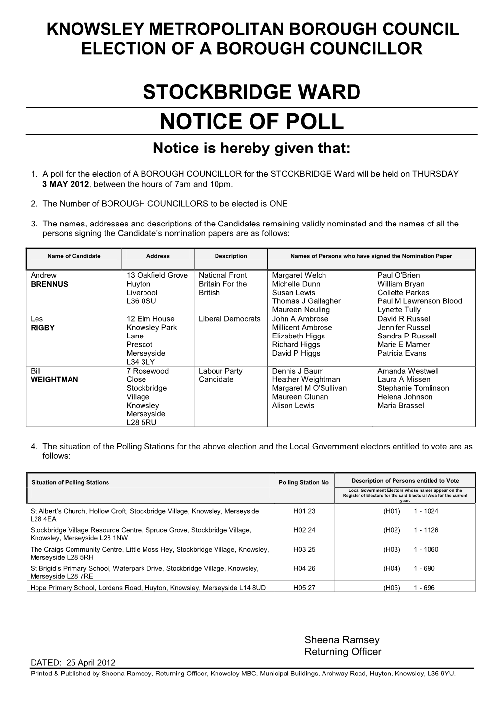 STOCKBRIDGE WARD NOTICE of POLL Notice Is Hereby Given That