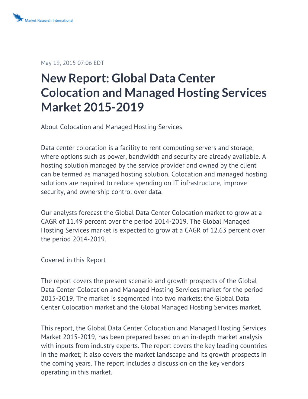 New Report: Global Data Center Colocation and Managed Hosting Services Market 2015-2019