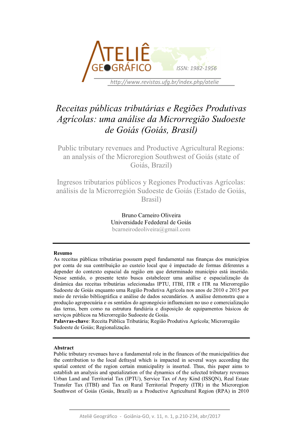Receitas Públicas Tributárias E Regiões Produtivas Agrícolas: Uma Análise Da Microrregião Sudoeste De Goiás (Goiás, Brasil)