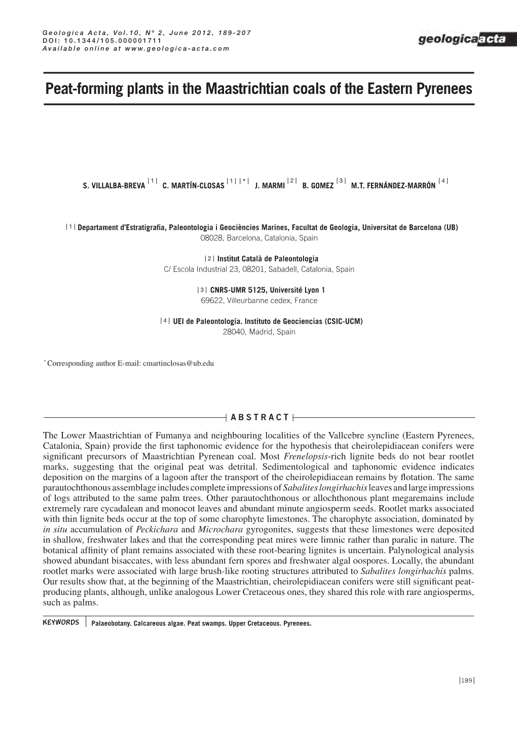 Peat-Forming Plants in the Maastrichtian Coals of the Eastern Pyrenees