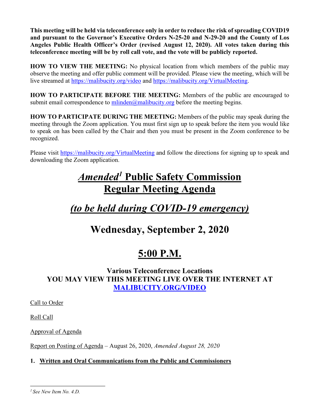 Amended1 Public Safety Commission Regular Meeting Agenda (To Be Held During COVID-19 Emergency)