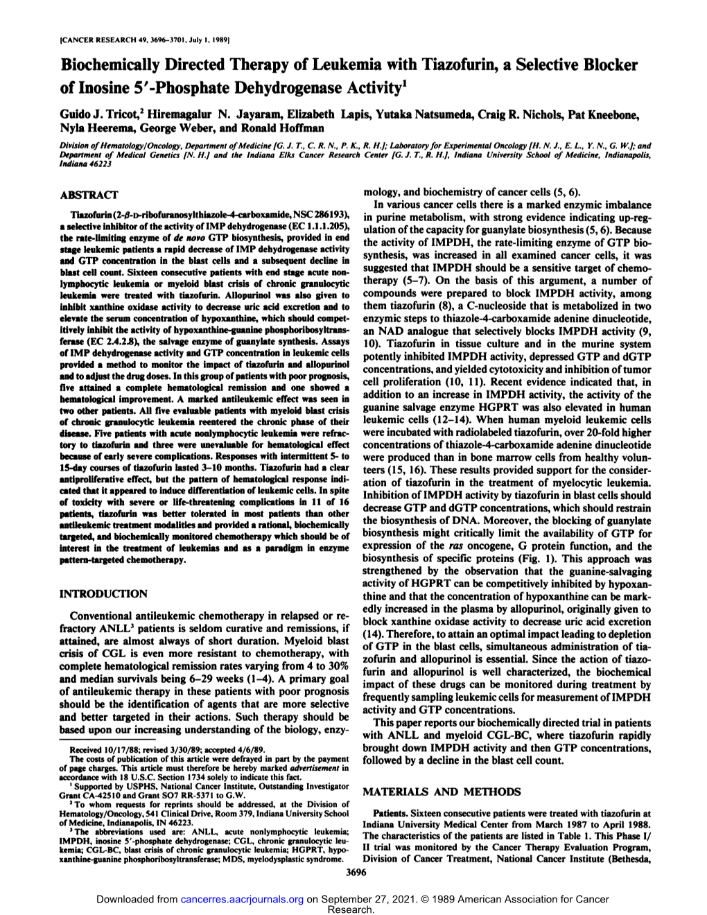 Biochemically Directed Therapy of Leukemia with Tiazofurin, a Selective Blocker of Inosine 5'-Phosphate Dehydrogenase Activity1