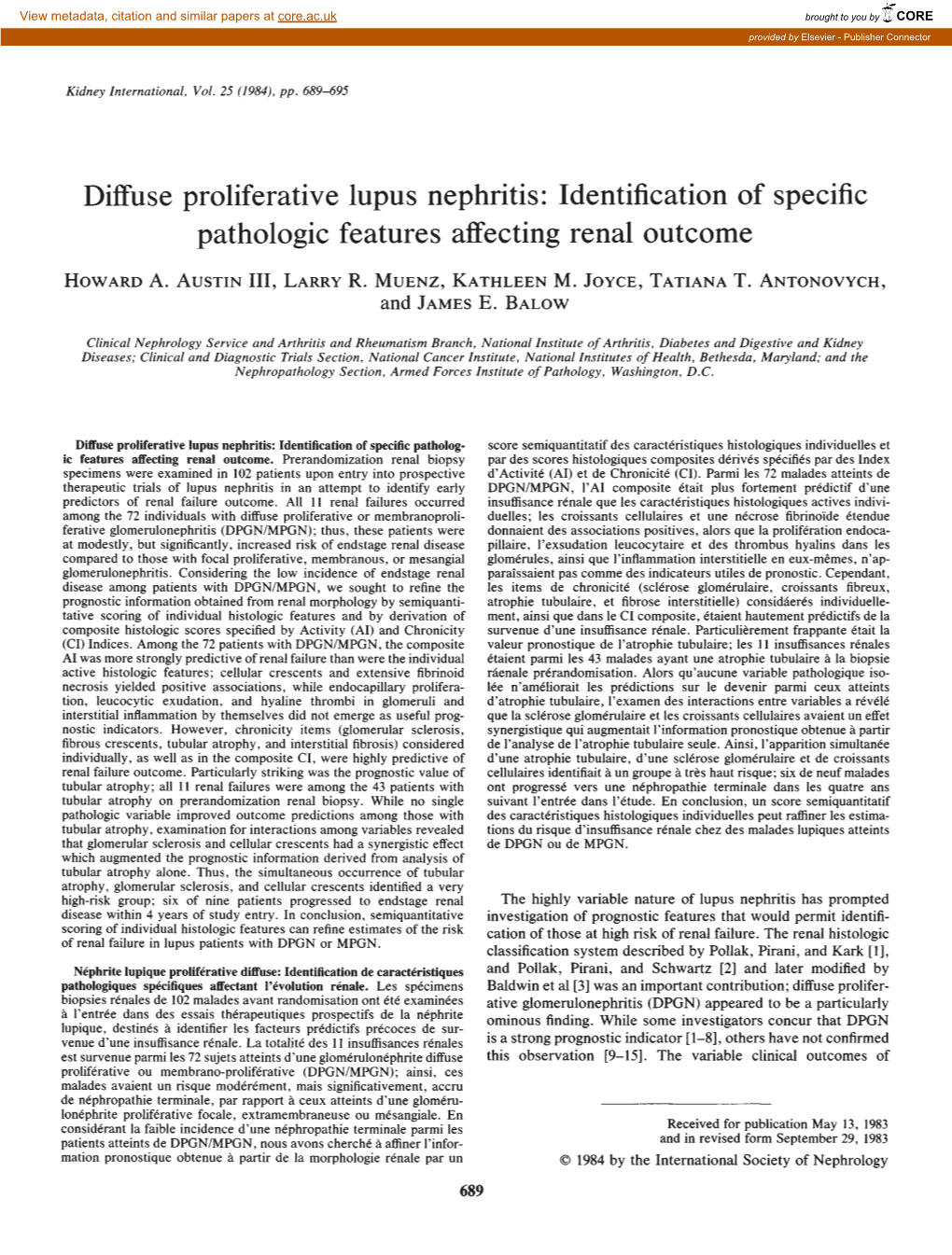 Diffuse Proliferative Lupus Nephritis: Identification of Specific Pathologic Features Affecting Renal Outcome