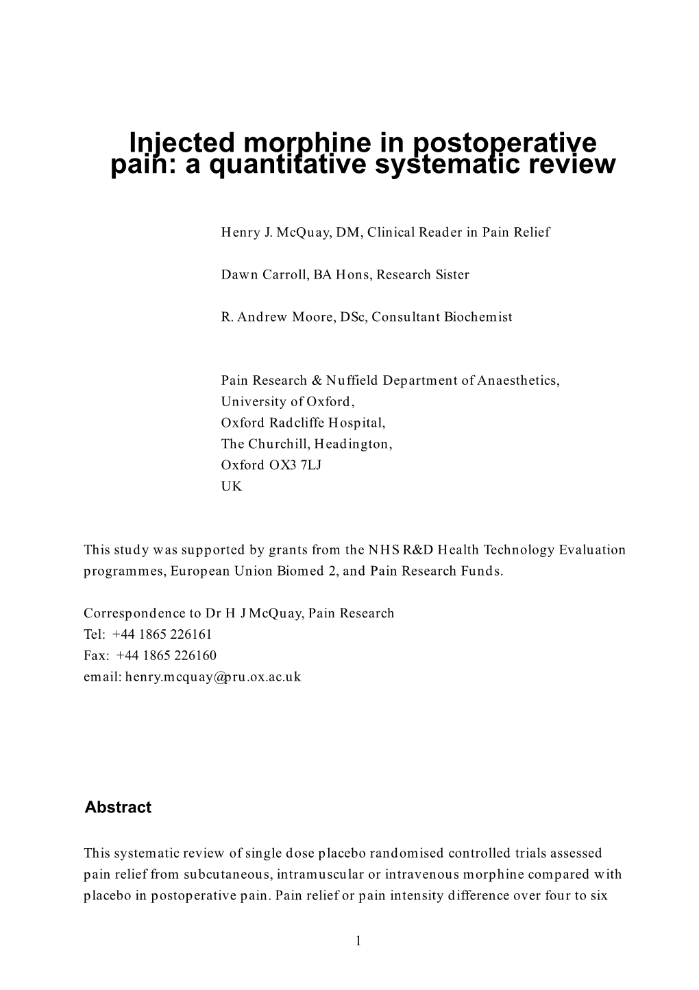 Injected Morphine in Postoperative Pain: a Quantitative Systematic Review