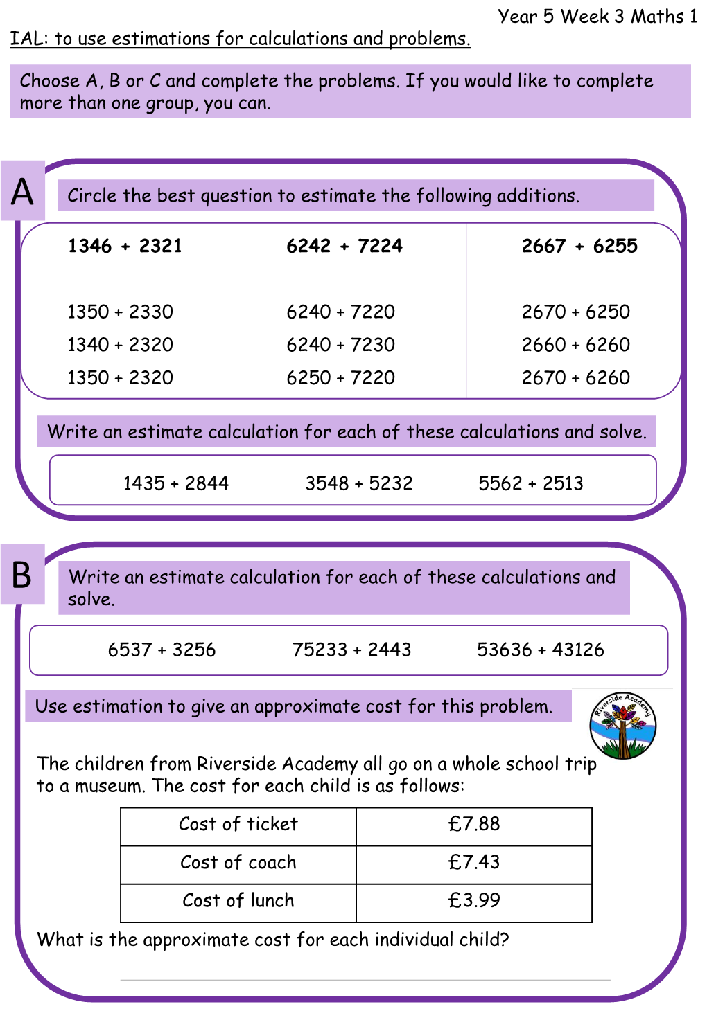 Week 3 Maths 1 IAL: to Use Estimations for Calculations and Problems