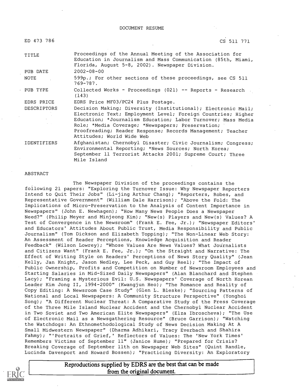 TITLE Proceedings of the Annual Meeting of the Association for Education in Journalism and Mass Communication (85Th, Miami, Florida, August 5-8, 2002)