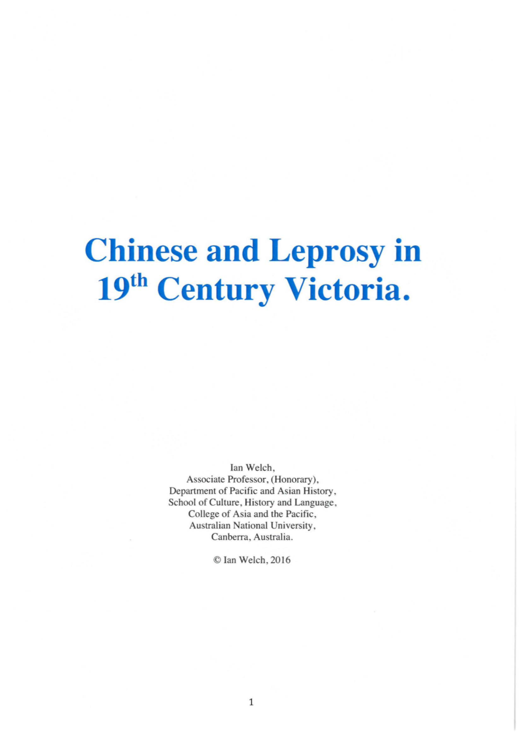 Chinese and Leprosy in 19Th Century Victoria