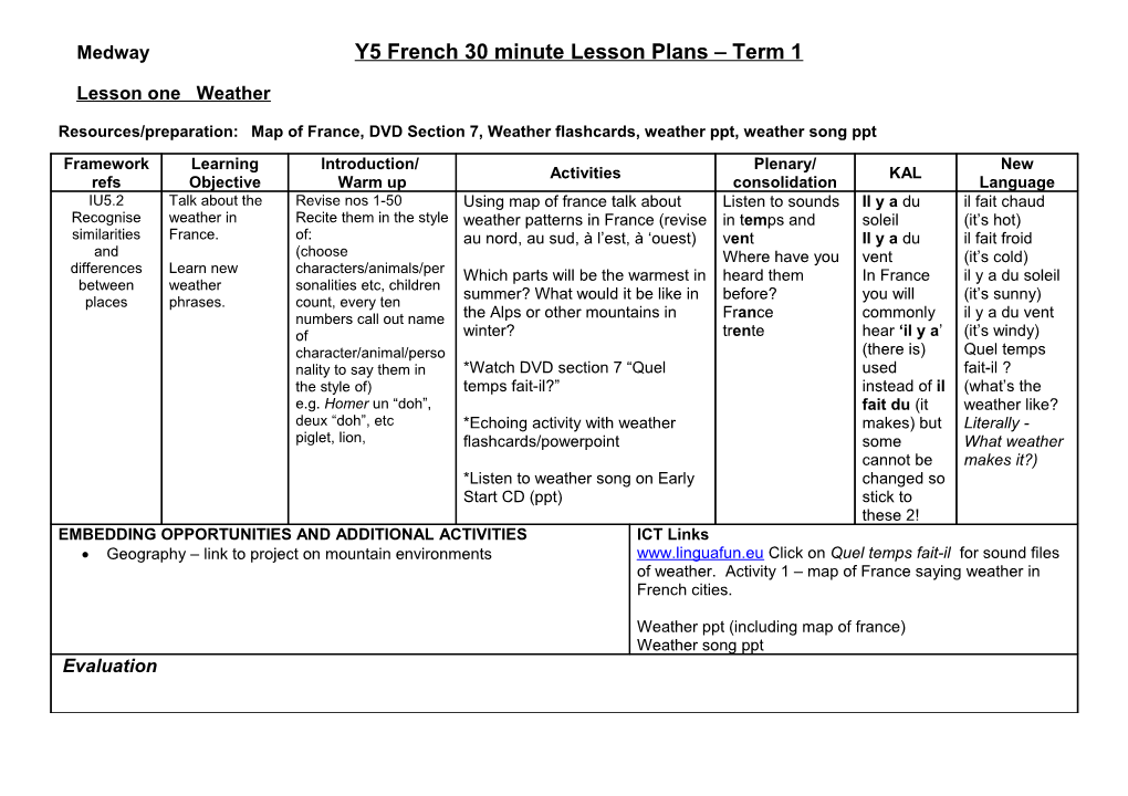 Medway Y5 French 30 Minute Lesson Plans Term 1