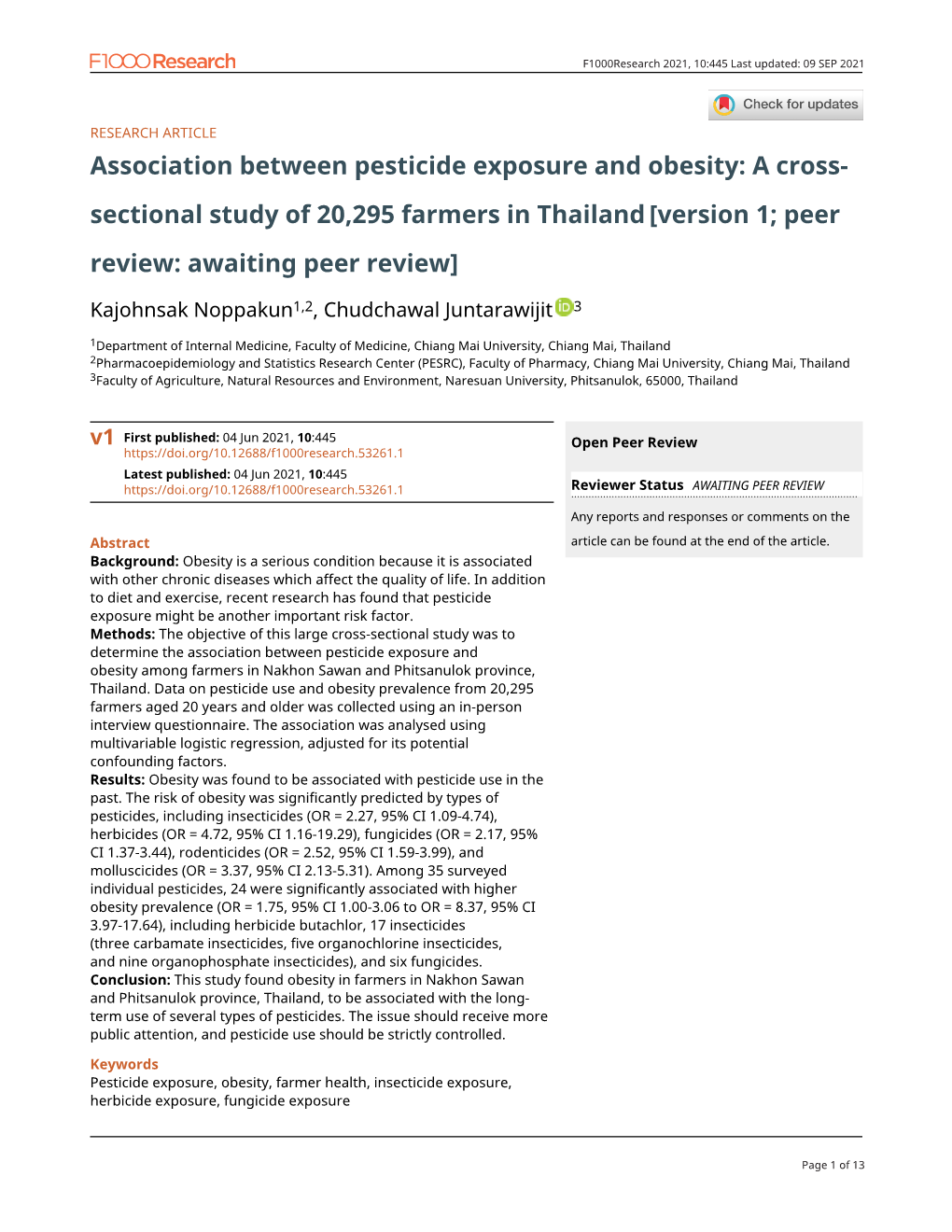 Association Between Pesticide Exposure and Obesity: a Cross- Sectional Study of 20,295 Farmers in Thailand [Version 1; Peer Review: Awaiting Peer Review]