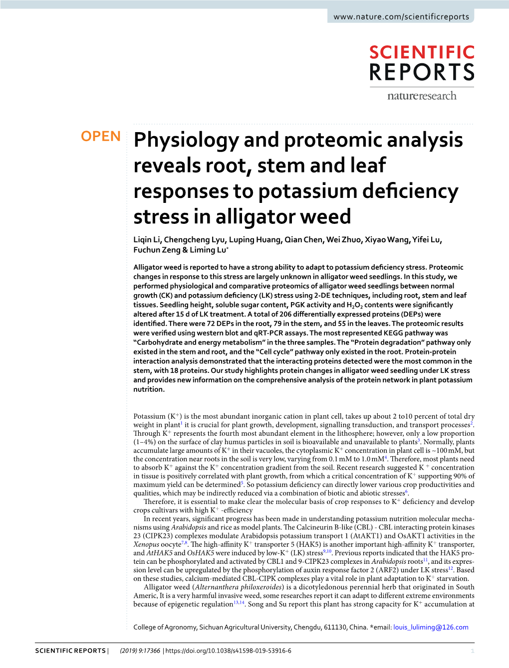 Physiology and Proteomic Analysis Reveals Root, Stem and Leaf Responses to Potassium Deficiency Stress in Alligator Weed