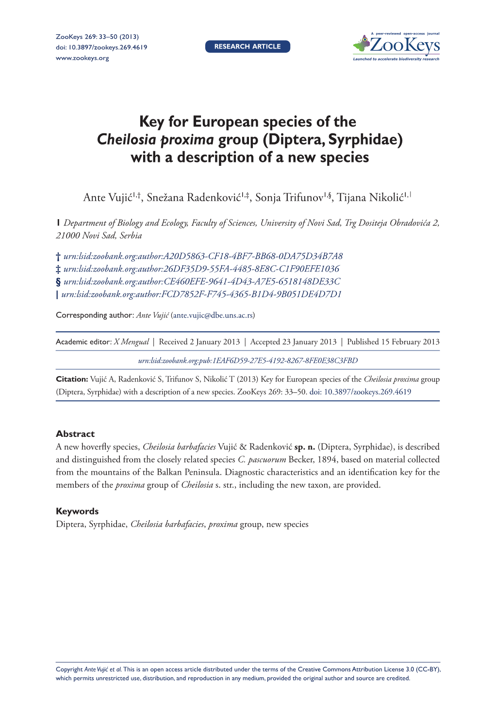 Key for European Species of the Cheilosia Proxima Group (Diptera, Syrphidae) with a Description of a New Species