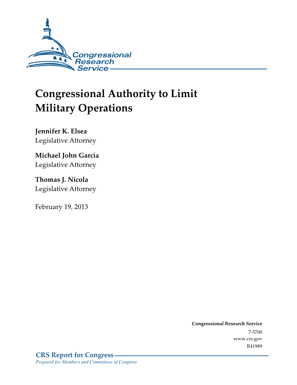 Congressional Authority to Limit Military Operations