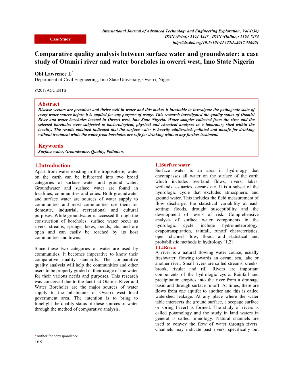 Comparative Quality Analysis Between Surface Water and Groundwater: a Case Study of Otamiri River and Water Boreholes in Owerri West, Imo State Nigeria