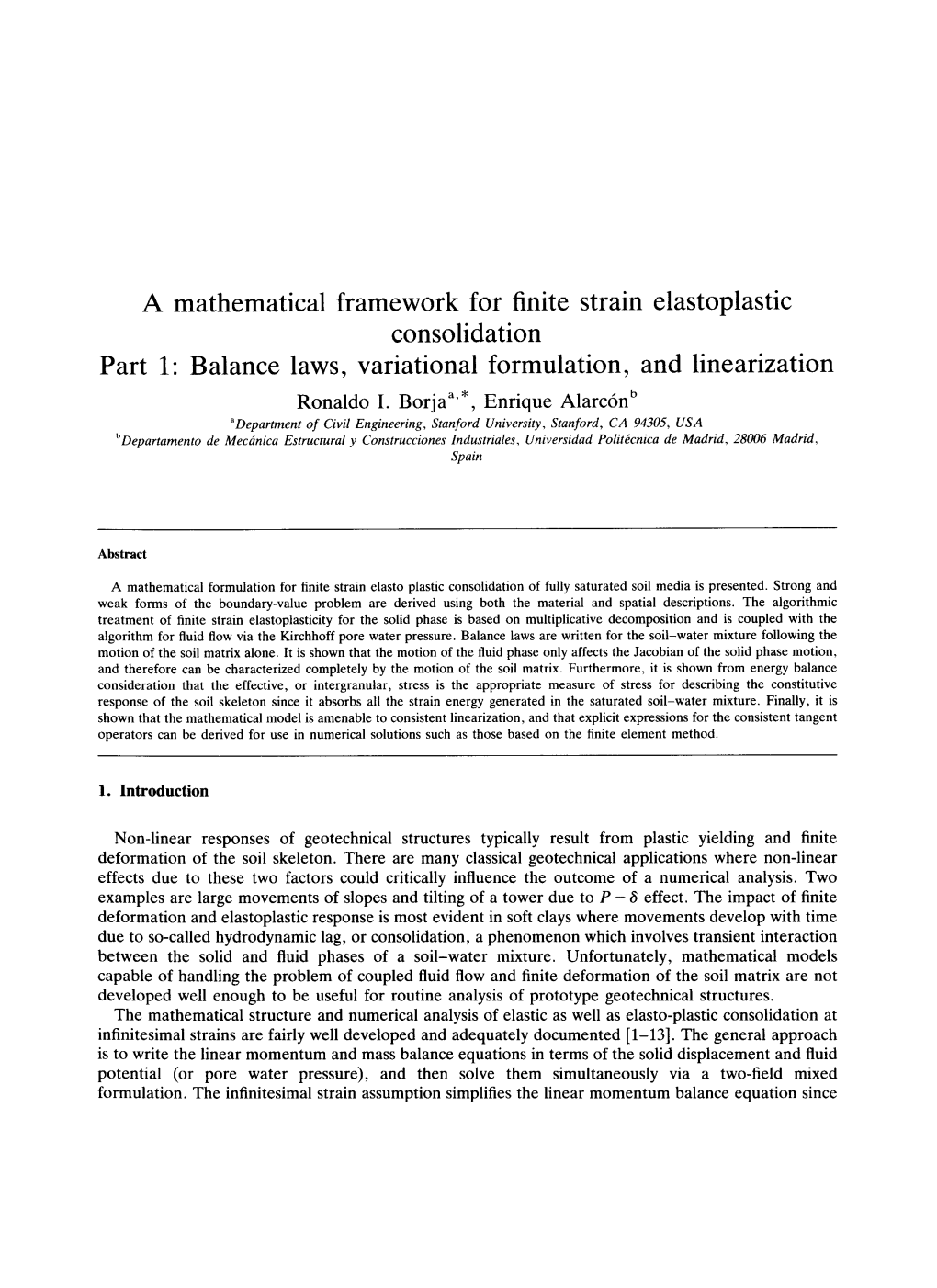 A Mathematical Framework for Finite Strain Elastoplastic Consolidation Part 1: Balance Laws, Variational Formulation, and Linearization Ronaldo I