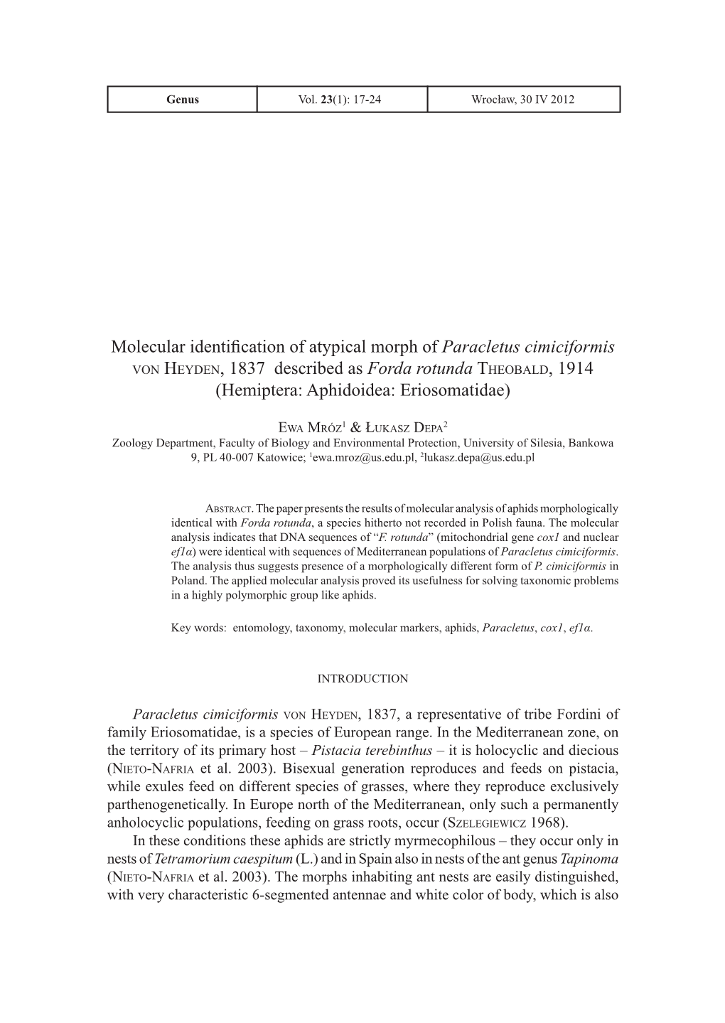 Molecular Identification of Atypical Morph of Paracletus Cimiciformis